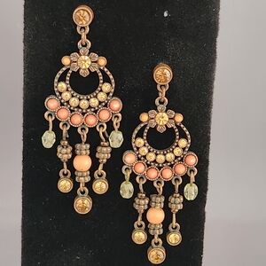 Avon Coral and Gold Dangle Chandelier Earrings